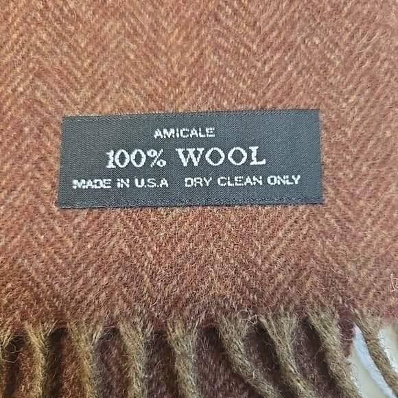 Vintage Amicale 100% Wool Scarf Brown Herringbone Chevron Fringe Made in USA - Picture 3 of 3